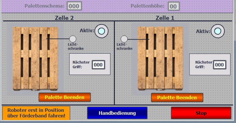 SIMATIC-HMI-Visualisierung einer Roboter-Palettierzelle mit zwei Zellen, entwickelt im TIA Portal
